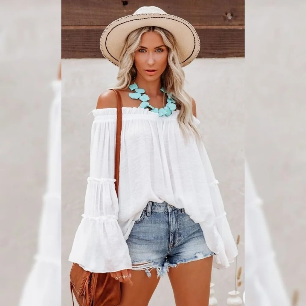 Chic white boho flowy off the shoulder tiered bell sleeve tunic top - Picture 4 of 8